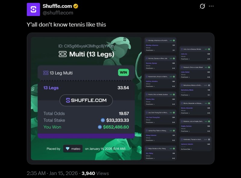 Twitter Big Tennis Multi Bet Win at Shuffle